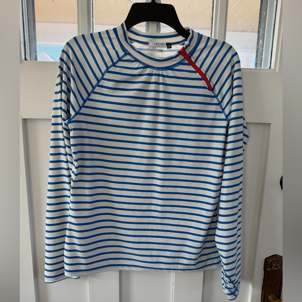 Cabana Life Blue and White Striped Long-Sleeve Swim Coverup with Red Accent